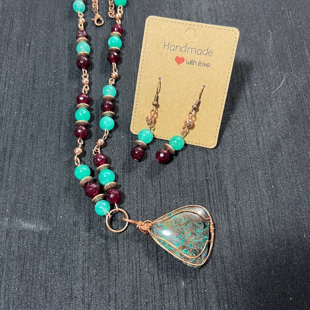 Chrysocolla Triangle 1 1/4" Cabochon Copper Wrapped Carnelian Agate Necklace 20" - Picture 4 of 5